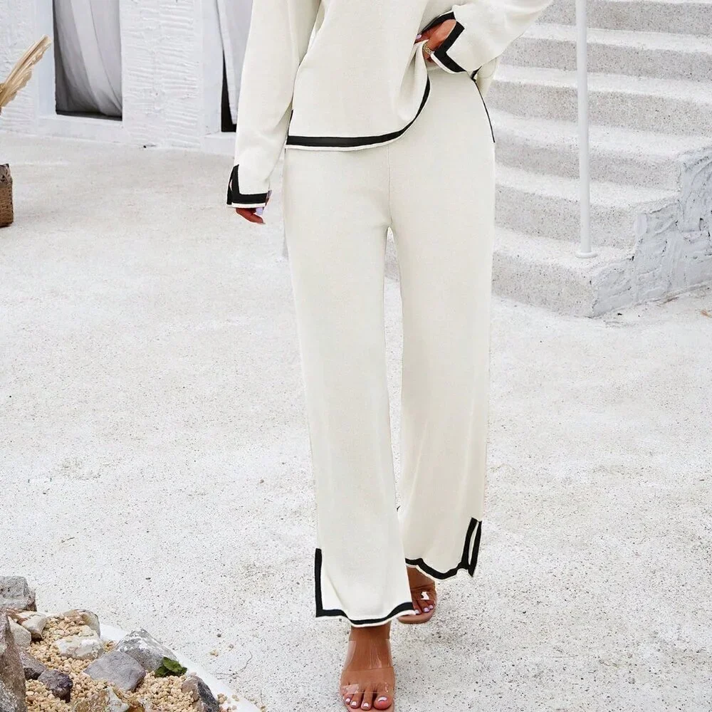 White Casual Women's Color Block Sweater Set
